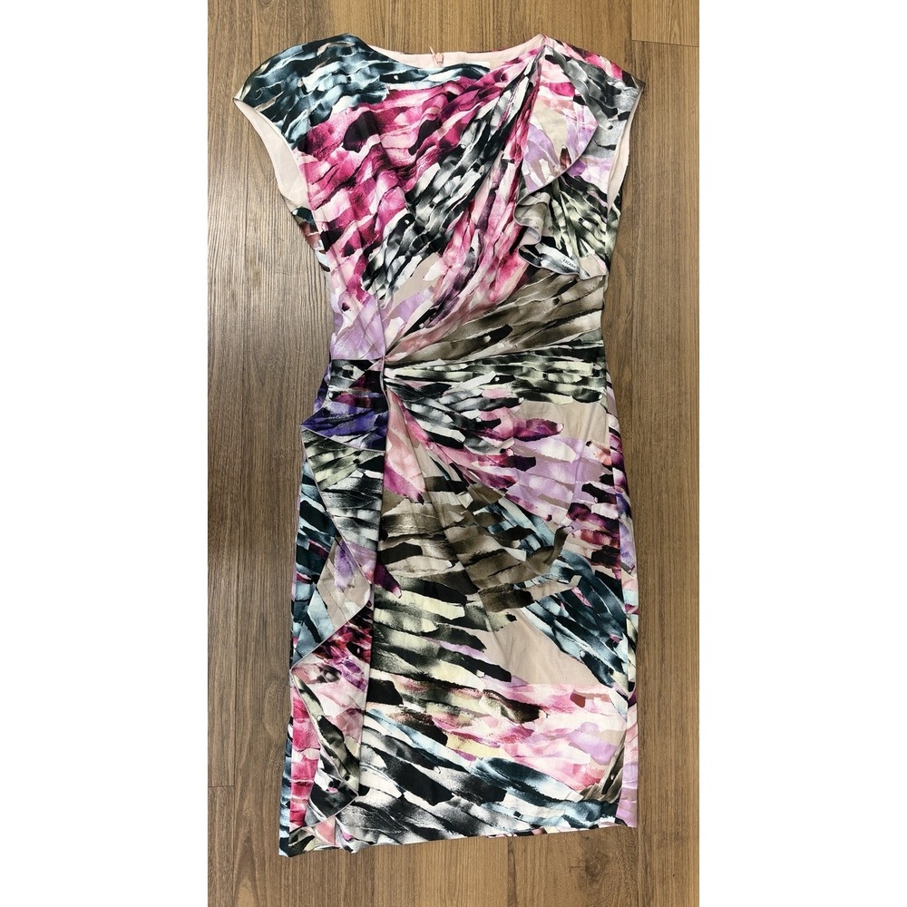 Escada Silk Asymmetrical Artsy Brush Stroke Pink Mini Dress Summer Cocktail
